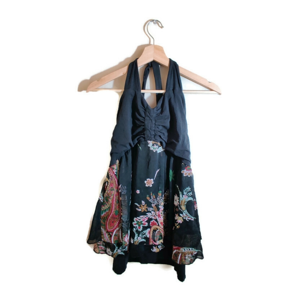 DECODED Black Multicolor Floral Print Flowy Halter/Spaghetti Strap Blouse M